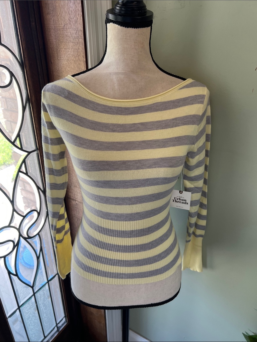Yellow & Gray Off-the-Shoulder Stripe Sweater